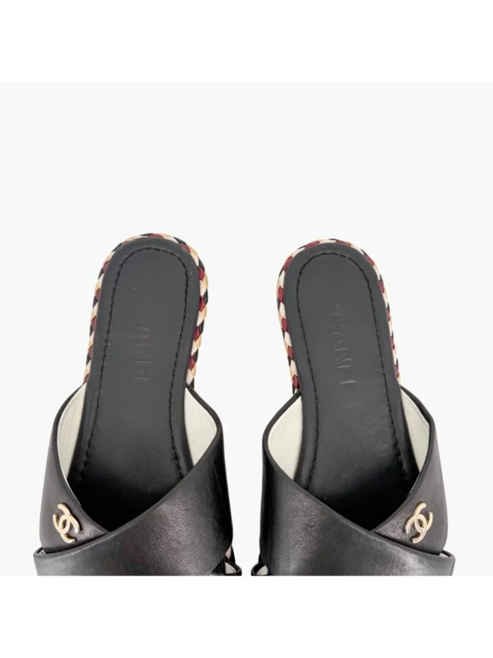 Chanel CC Braided Slide Sandals Black Leather Size 39C US 8-8.5 Wide Flat Mule